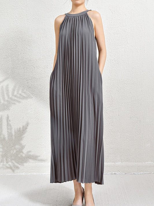 Loose Sleeveless Hollow Pleated Pockets Solid Color Halter-Neck Maxi Dresses