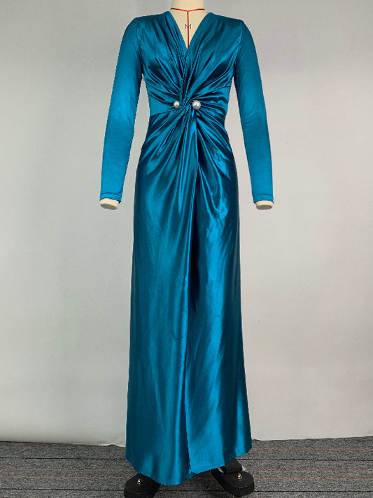 Solid Color Bodycon Long Sleeves Pleated  Split-Front Tied Waist Deep V-Neck Maxi Dresses