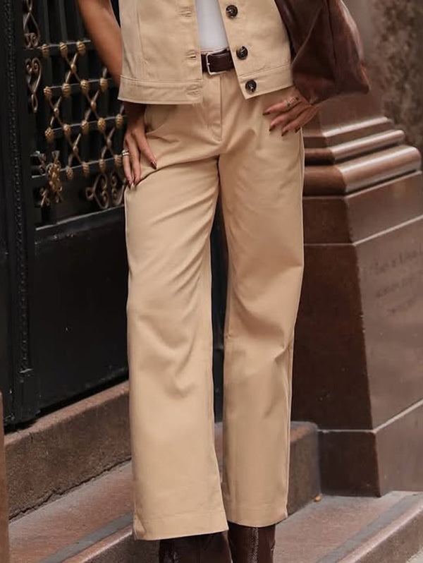 Loose No Belt Pockets Solid Color Pants Trousers