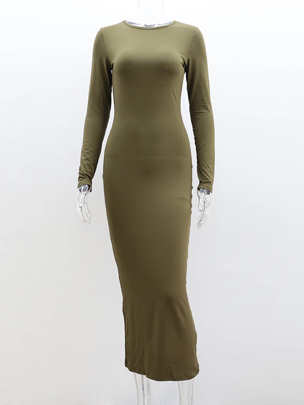 Bodycon Long Sleeves Solid Color Split-Joint Round-Neck Maxi Dresses
