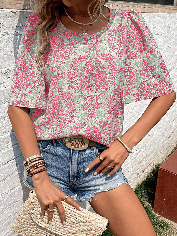 Half Sleeves Loose Flower Print Round-Neck T-Shirts Tops