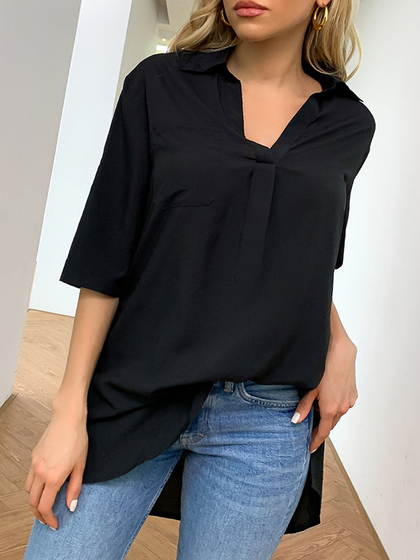 Half Sleeves Loose Pleated Solid Color Split-Joint Split-Side Lapel Blouses&Shirts Tops