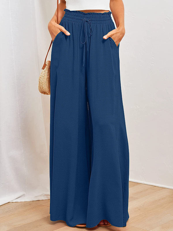 High Waisted Loose Drawstring Elasticity Pockets Solid Color Pants Trousers