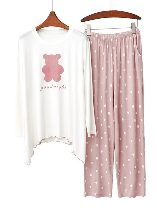 Simple Loose Cartoon Printed Pajamas Two Pieces Set