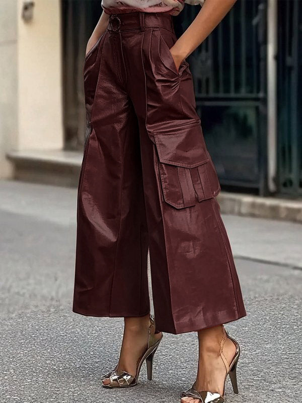 Loose Wide Leg Pleated Pockets Solid Color Split-Joint Pants Trousers