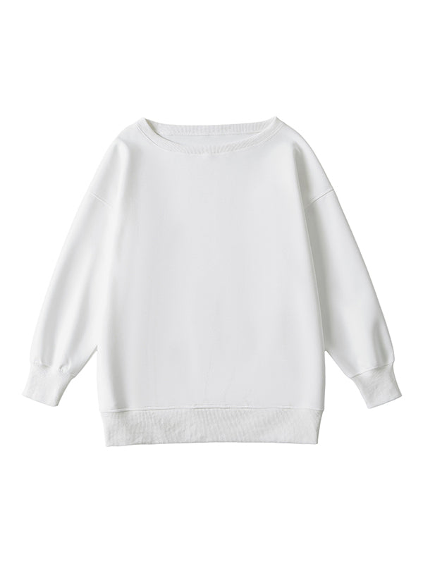 Long Sleeves Loose Solid Color Split-Joint Round-Neck Sweatshirt Tops