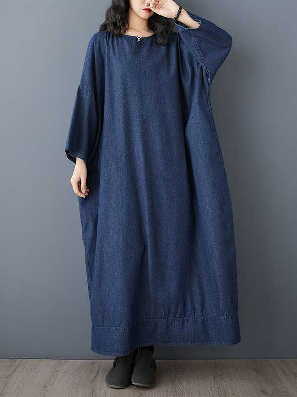 Long Sleeves Loose Solid Color Round-neck Midi Dresses