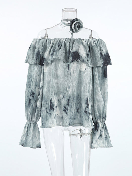 Flared Sleeves Loose Pleated Split-Joint Tie-Dyed Off-The-Shoulder Blouses&Shirts Tops