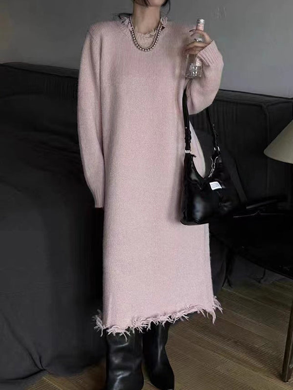 High Waisted Long Sleeves Fringed Solid Color Round-Neck Midi Dresses Sweater Dresses