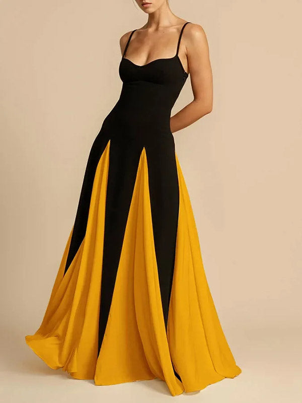 A-Line Sleeveless Contrast Color Pleated Split-Joint Spaghetti-Neck Evening Dresses Maxi Dresses
