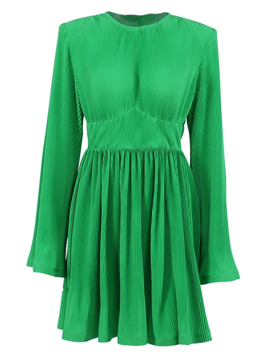 A-line Flared Sleeves High-Waisted Pleated Solid Color Zipper Round-neck Mini Dresses