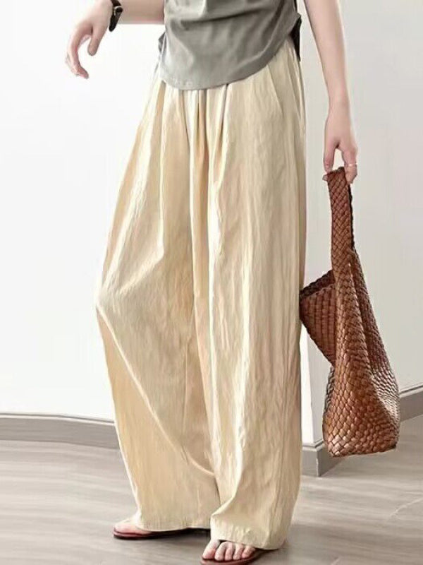 High Waisted Loose Elasticity Pleated Pockets Solid Color Pants Trousers
