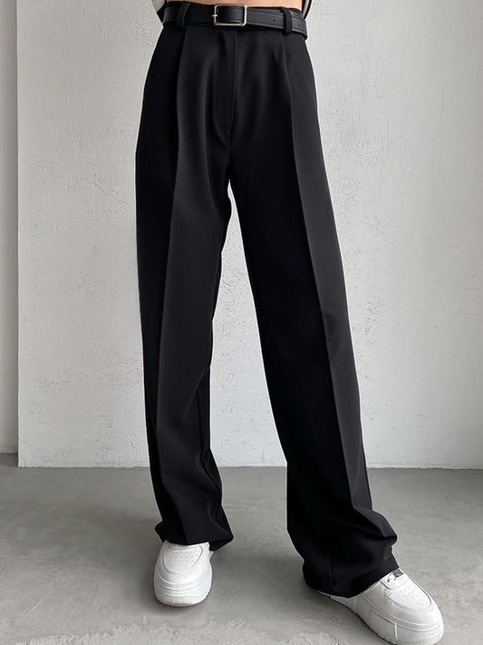 High Waisted Loose No Belt Solid Color Suit Pants Trousers