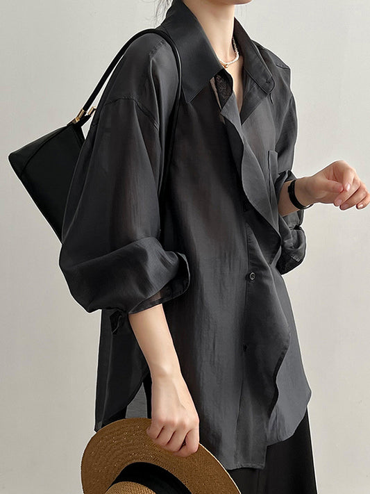 Irregular Clipping Long Sleeves Solid Color Lapel Blouses&Shirts Tops