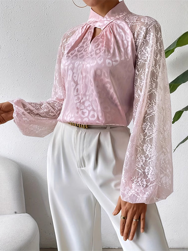 Loose Puff Sleeves Hollow Jacquard Leopard Pleated Printed See-Through Split-Joint High Neck Blouses&Shirts Tops