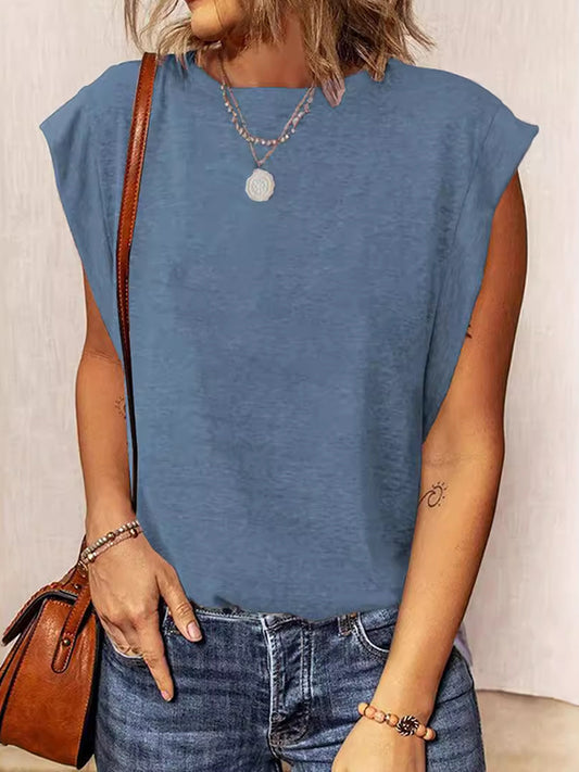 Loose Sleeveless Solid Color Split-Joint Round-Neck Vest Top
