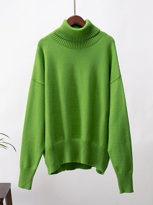 High-Low Long Sleeves Solid Color Split-Joint High Neck Sweater Tops