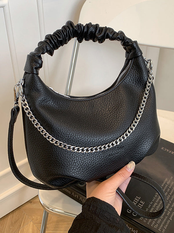 Chains Pleated Solid Color Zipper Crossbody Bags Handbags