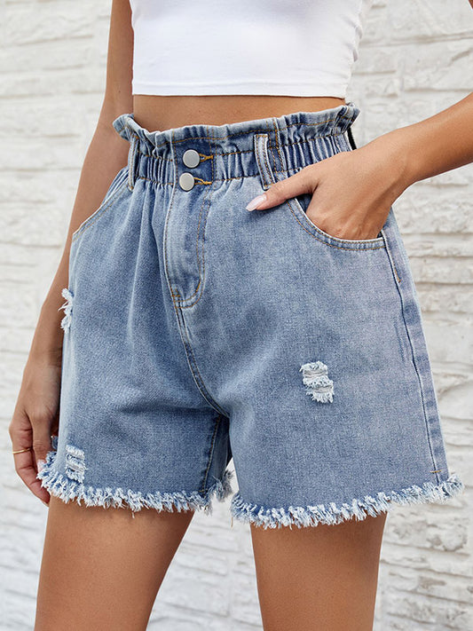 Loose Wide Leg Buttoned Elasticity Fringed Pockets Jean Pants Bottoms Shorts Bottoms