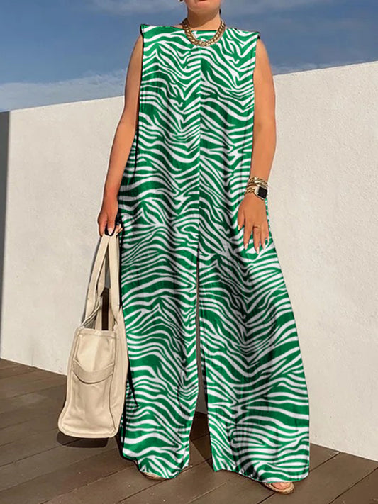 Loose Sleeveless Printed Split-Joint Zebra-Stripe Round-Neck Jumpsuits