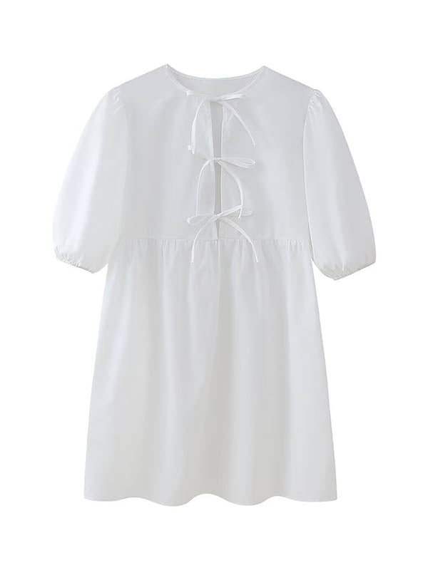Loose Puff Sleeves Elasticity Hollow Lace-Up Pleated Split-Joint Round-Neck Blouses&Shirts Tops