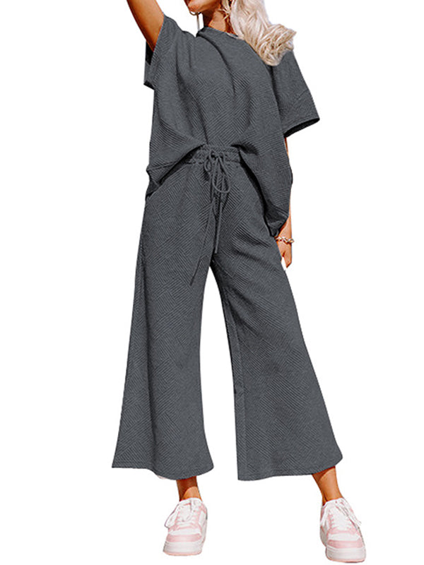 Loose Short Sleeves Solid Color Round-Neck T-Shirt Top + Drawstring Elasticity Pockets Pants Botttom Two Pieces Set