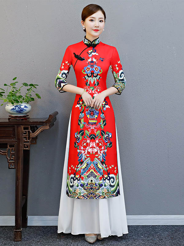 Red Split-Joint Seven-Quarter Sleeves Ao Dai Long Cheongsams