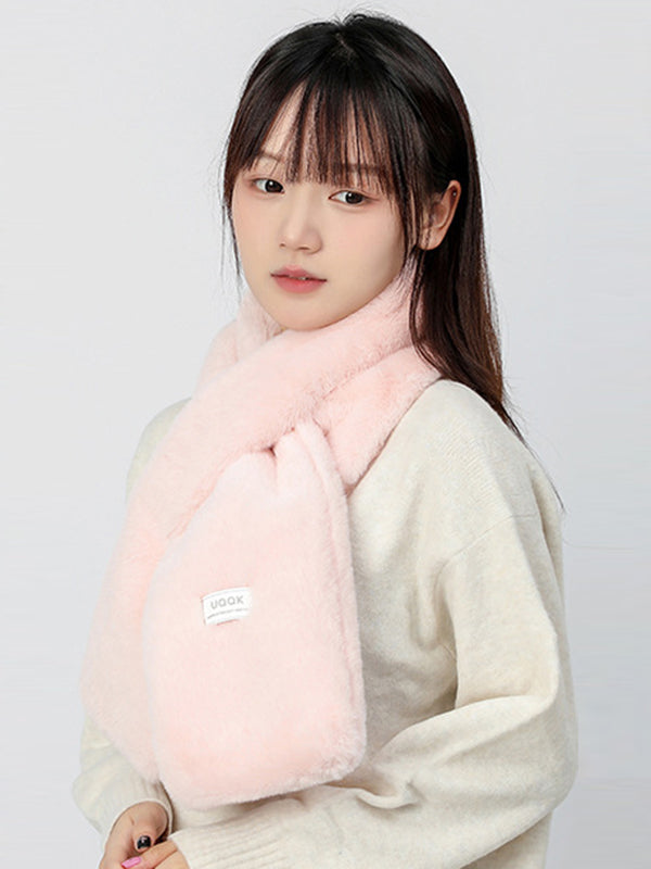 Casual Faux Fur Keep Warm Solid Color Cross Plush Shawl&Scarf