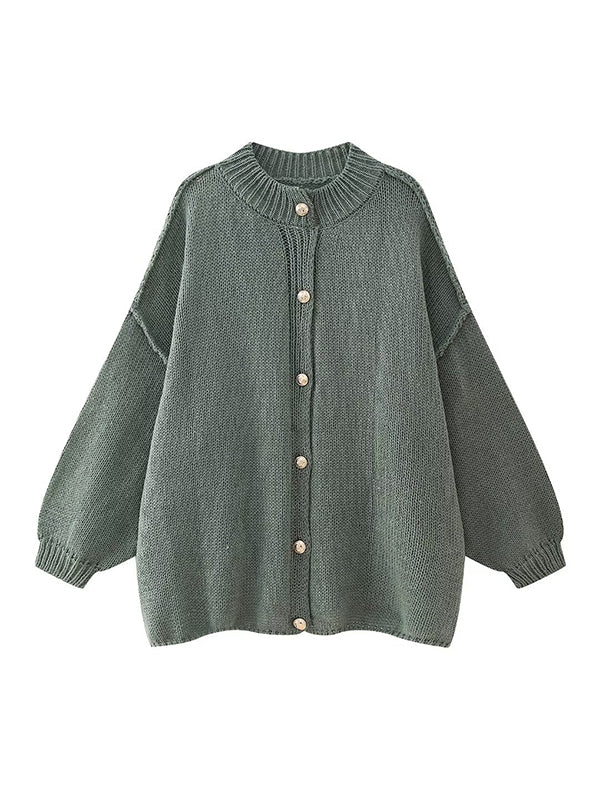 Loose Puff Sleeves Buttoned Split-Joint Round-Neck Cardigan Tops