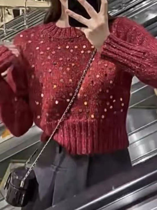 Long Sleeves Loose Sequined Split-Joint Round-Neck Pullovers Sweater Tops