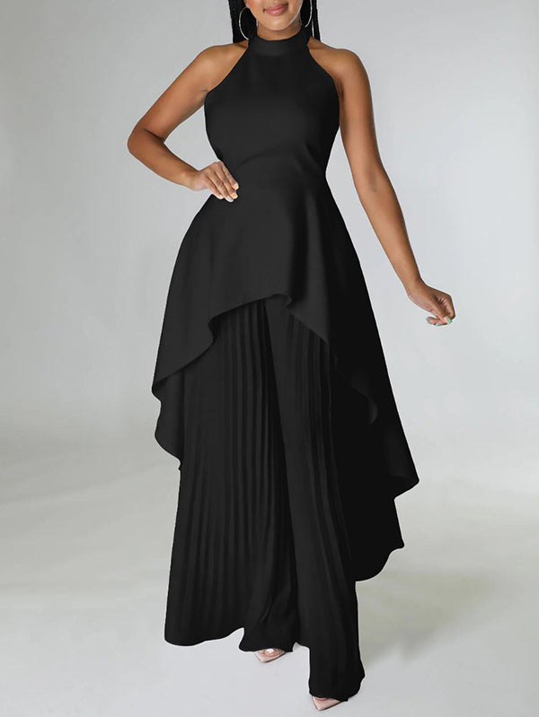 High-Low Loose Backless Lacy Solid Color Halter-Neck Suits