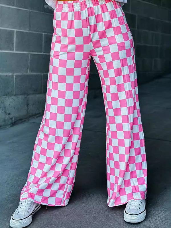 High Waisted Loose Contrast Color Elasticity Plaid Pockets Pants Trousers