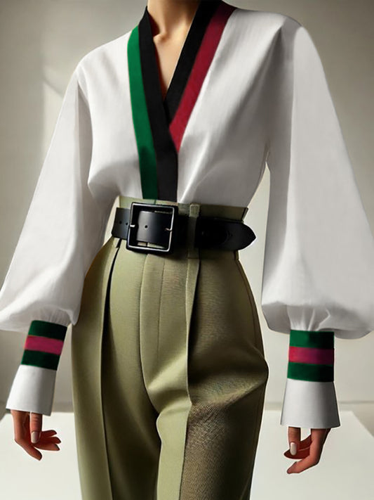 Long Sleeves Loose Contrast Color Pleated V-Neck Blouses&Shirts Tops