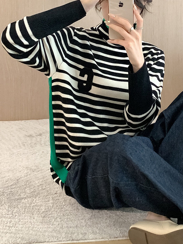 Long Sleeves Loose Contrast Color Knitted Letters Split-Joint Striped High Neck Pullovers Sweater Tops