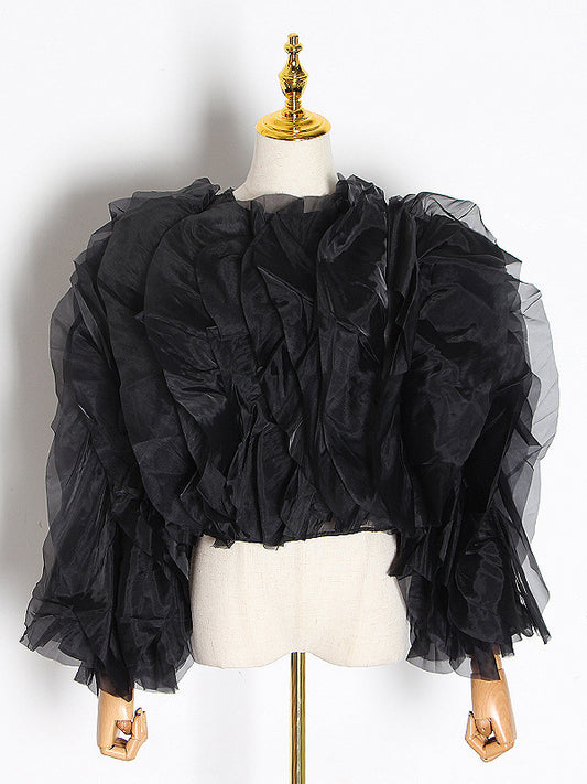 Long Sleeves Loose Lace-Up Solid Color Tiered Round-Neck Blouses&Shirts Tops