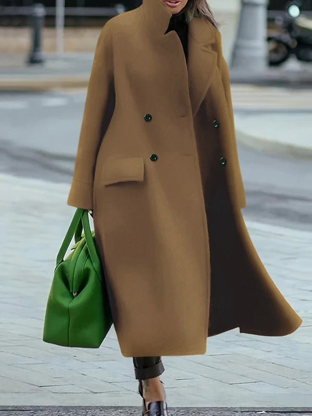 Long Sleeves Loose Buttoned Pockets Solid Color Split-Joint Stand Collar Woolen Coat