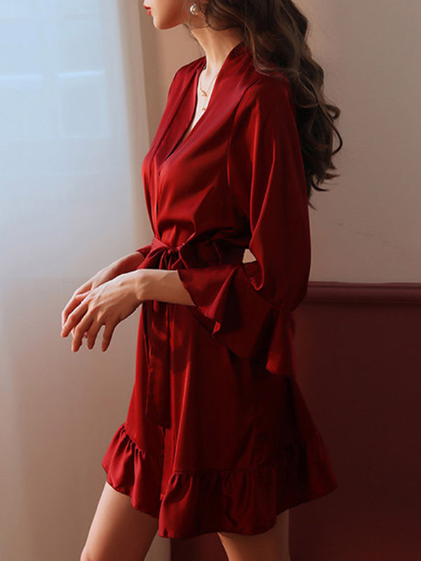 Loose Falbala Ribbed Solid Color V-Neck Intimates&Pajamas Robes