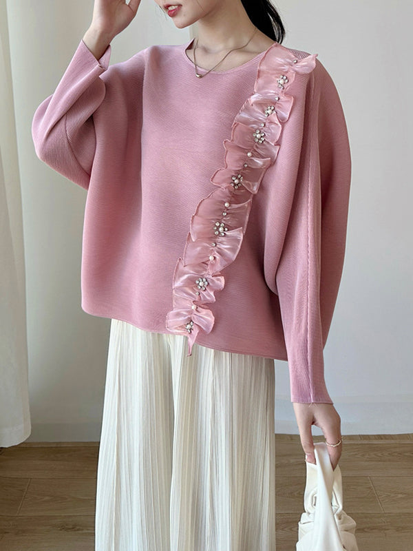 Batwing Sleeves Long Sleeves Pleated Ruffle Trim Solid Color Split-Joint Round-Neck T-Shirts Tops
