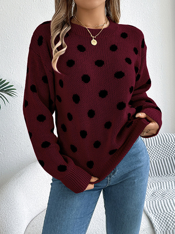 Long Sleeves Loose Contrast Color Polka-Dot Round-Neck Pullovers Sweater Tops