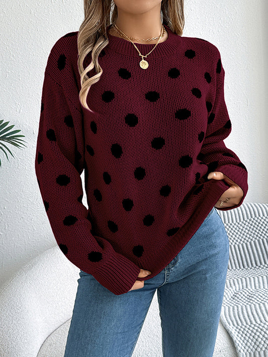 Long Sleeves Loose Contrast Color Polka-Dot Round-Neck Pullovers Sweater Tops