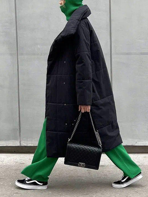 Long Sleeves Loose Split-Joint Tied Waist Lapel Padded Coat