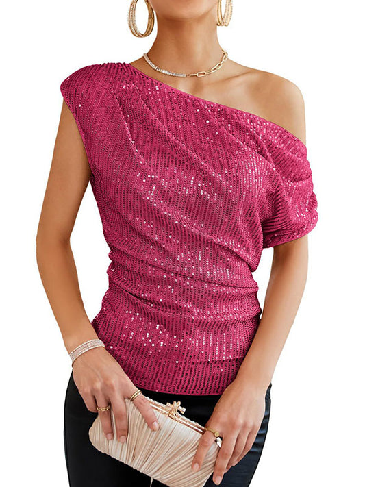 Loose Skinny Asymmetric Sequined Shiny Solid Color Split-Joint One-shoulder Vest Top