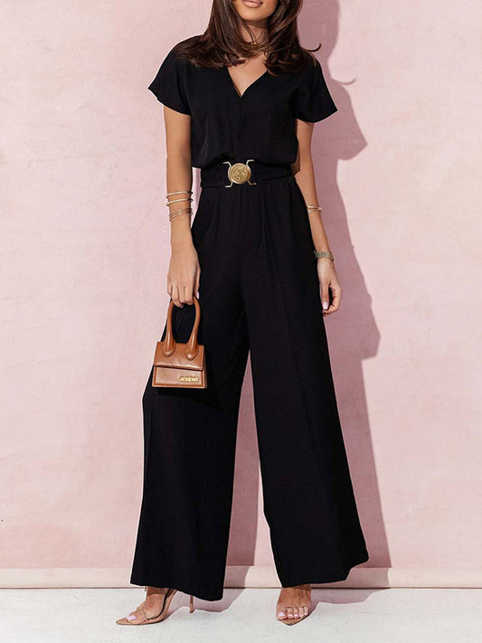 High Waisted Loose Belted Pleated V-Neck Jumpsuits
