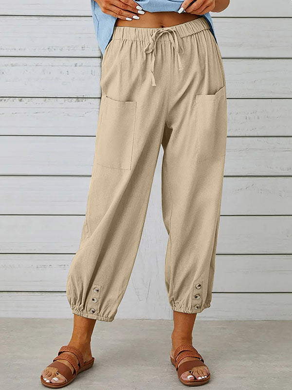 High Waisted Loose Buttoned Drawstring Elasticity Pockets Split-Joint Ninth Pants Trousers