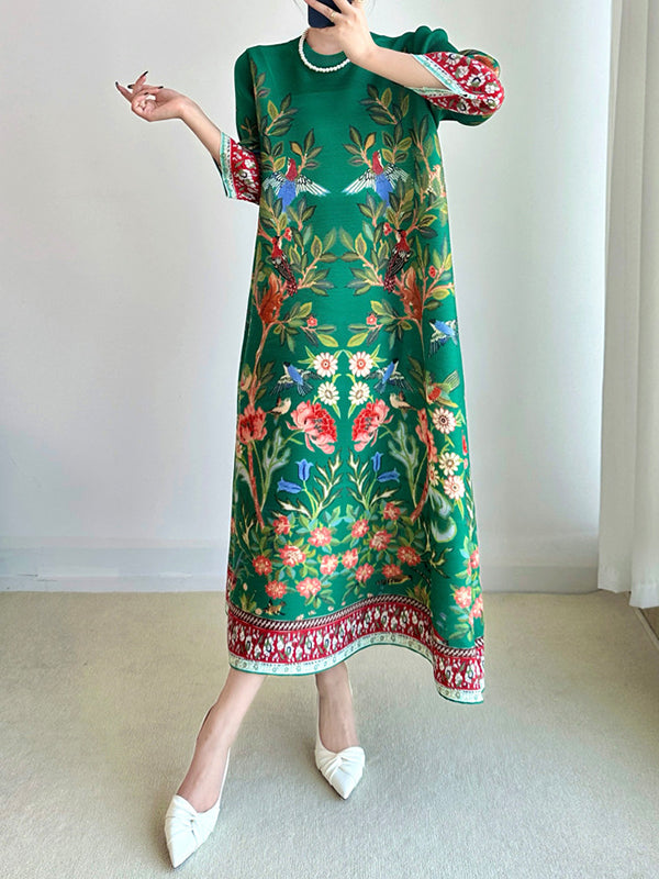 A-Line Loose Flower Print Pleated Round-Neck Midi Dresses