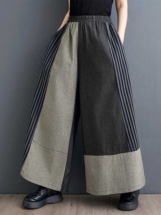 High Waisted Loose Elasticity Pockets Split-Joint Striped Pants Trousers