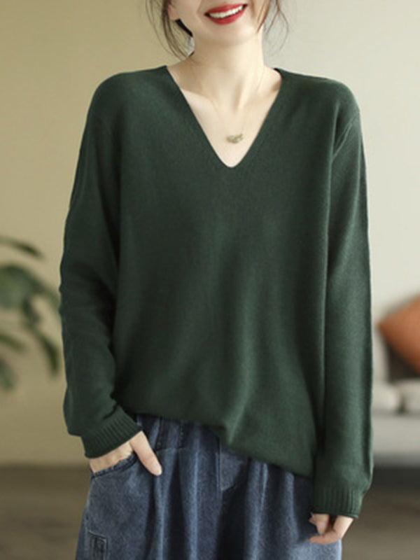 Long Sleeves Loose Solid Color V-Neck Sweater Tops