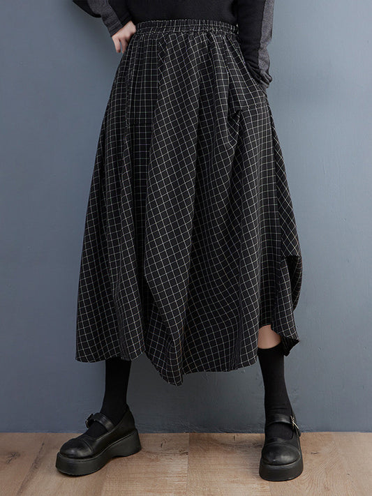 Loose Irregular Clipping Plaid Asymmetric Elasticity Skirts Bottoms