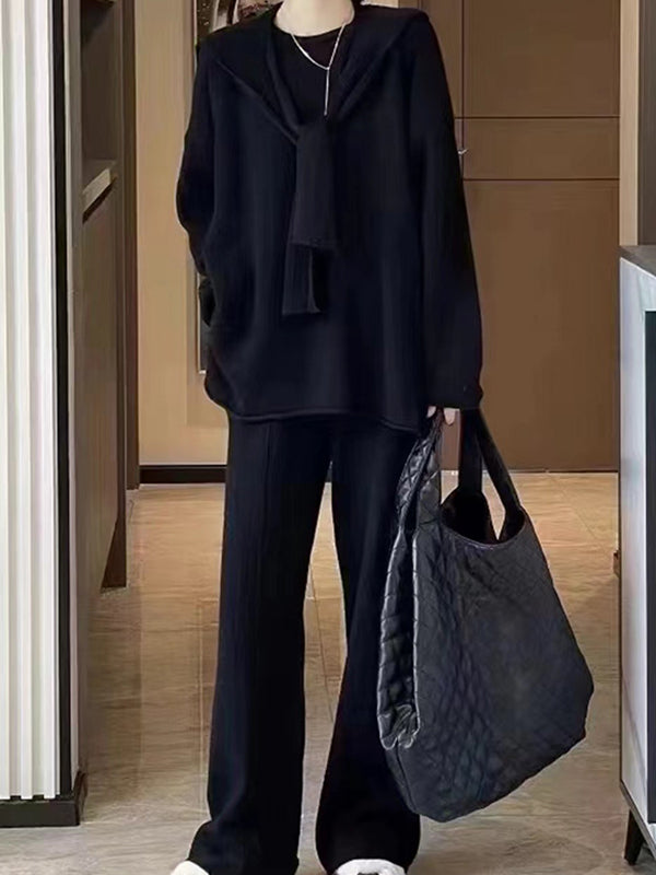 Long Sleeves Loose Solid Color Round-Neck Three Pieces Set