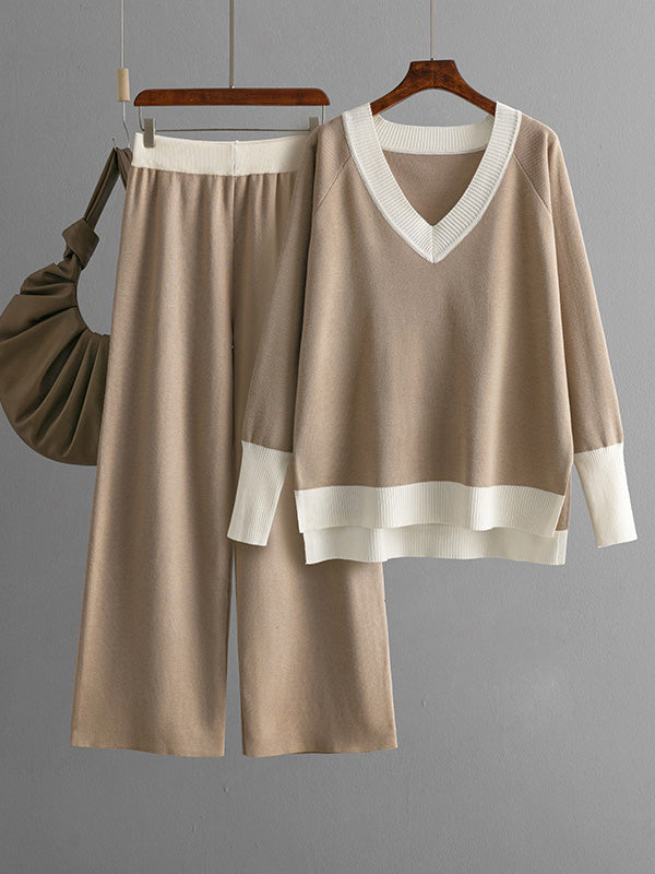 High-Low Contrast Color Split-Side V-Neck Sweater Tops + Elasticity Pants Trousers Two Pieces Set